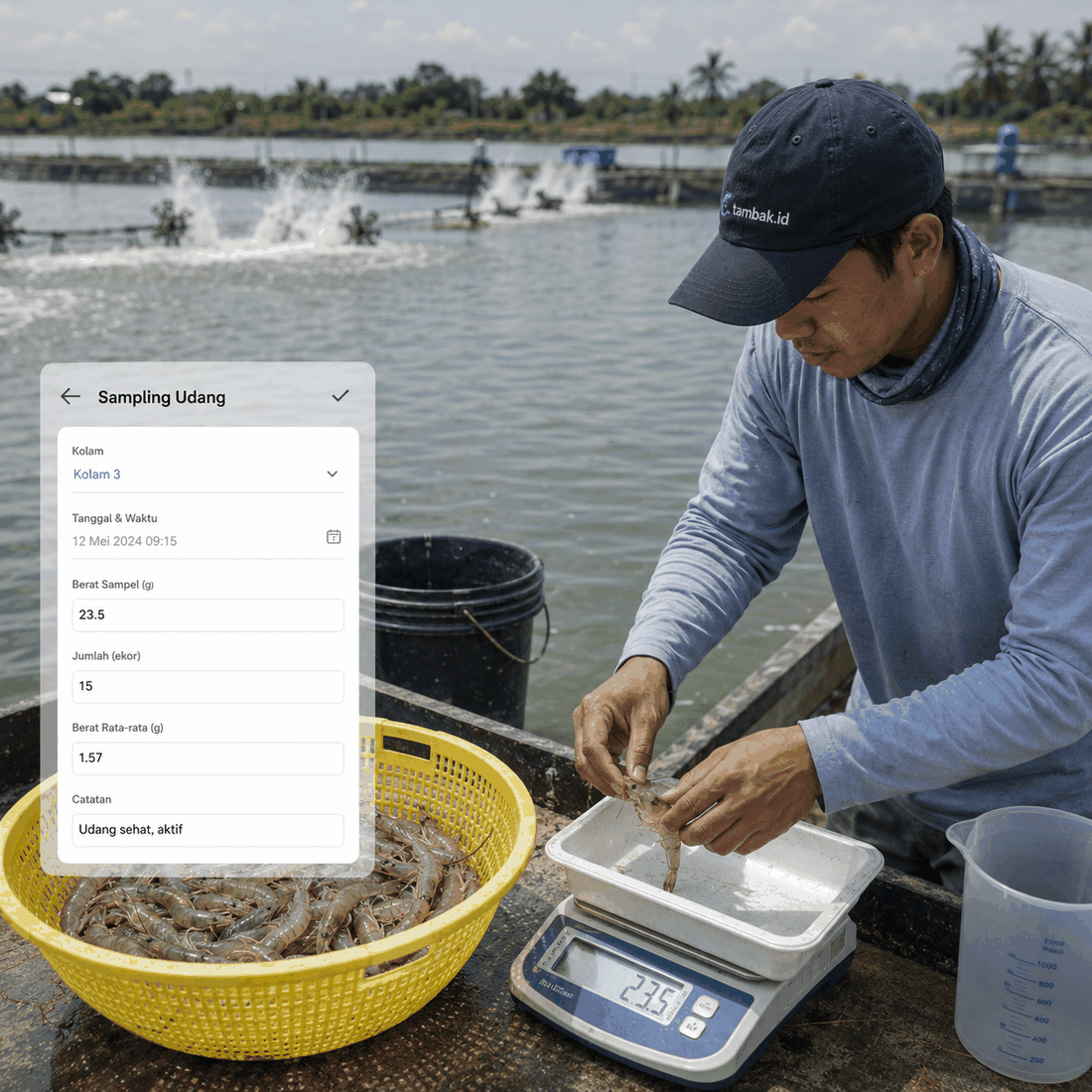 Pond technician filling in the shrimp sampling form in the tambak.id app