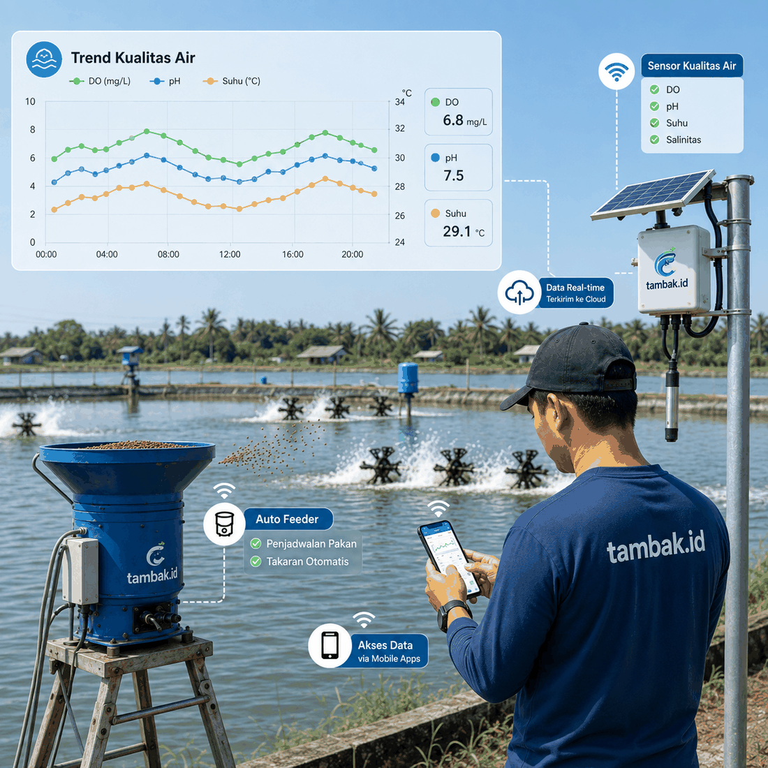 tambak.id water quality sensor and auto feeder connected to the dashboard