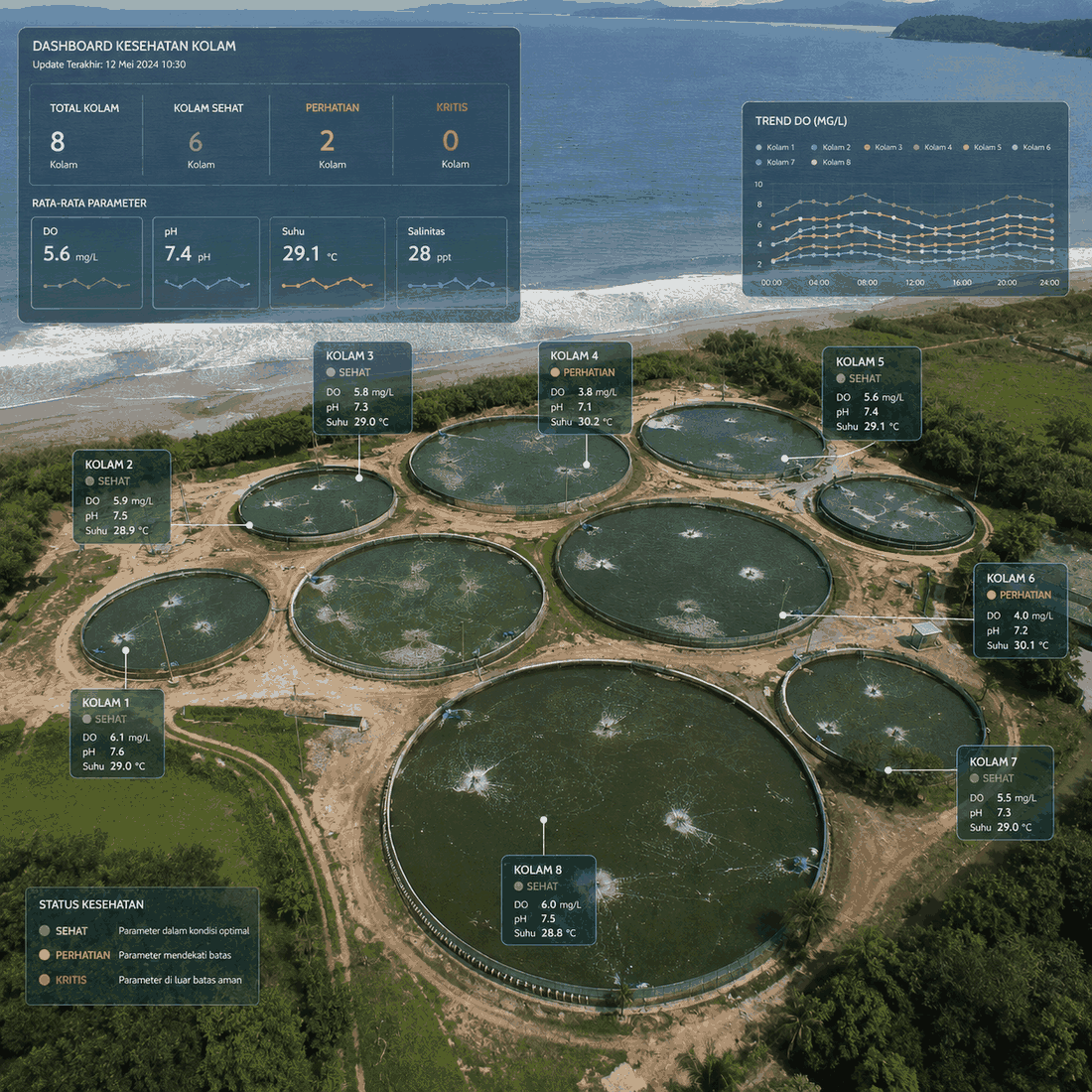 tambak.id pond health dashboard over an aerial view of the farm
